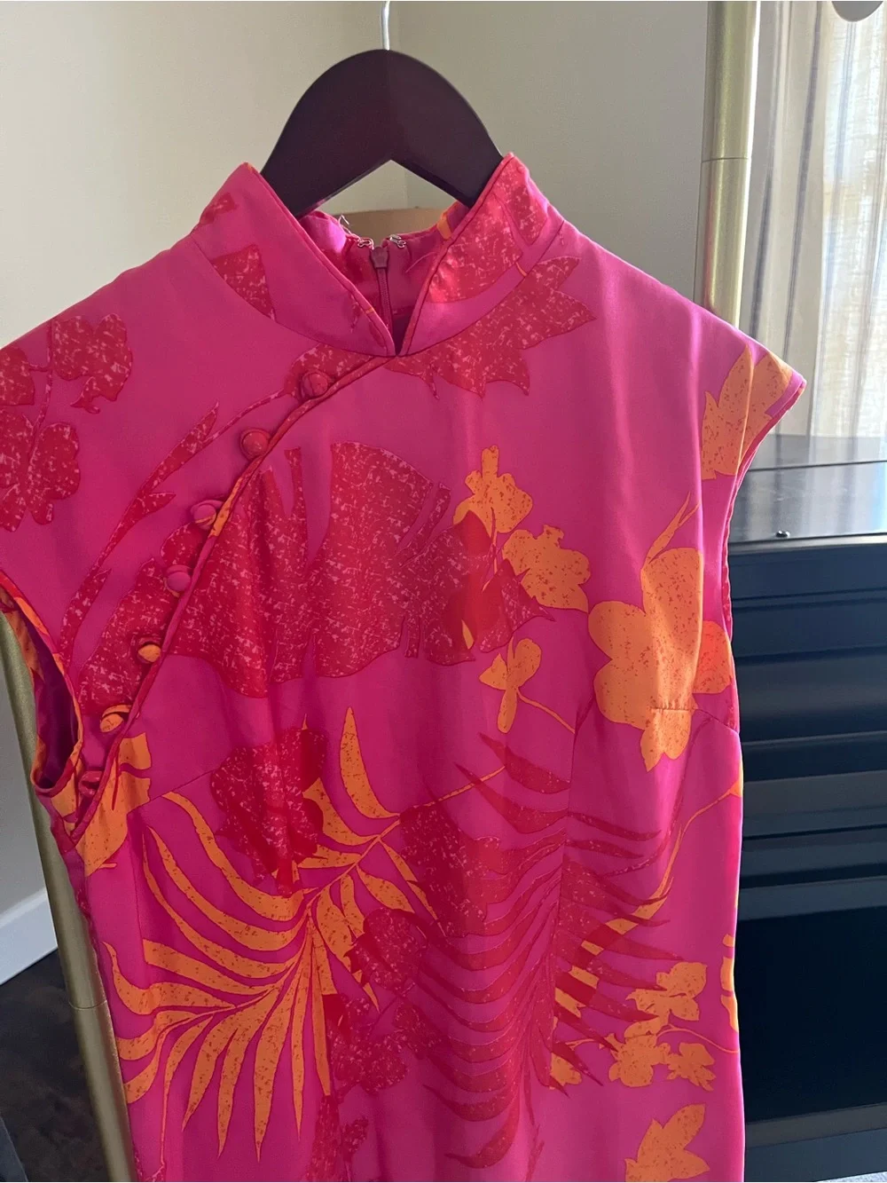 JS Collections vintage Pink and Orange Floral Mandarin-Collar silk Midi Dress